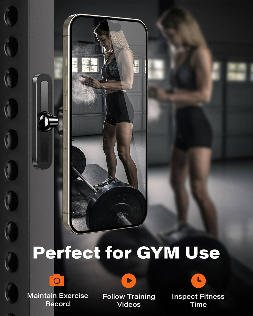 Black magnetic phone holder on gym equipment holding a phone vertically