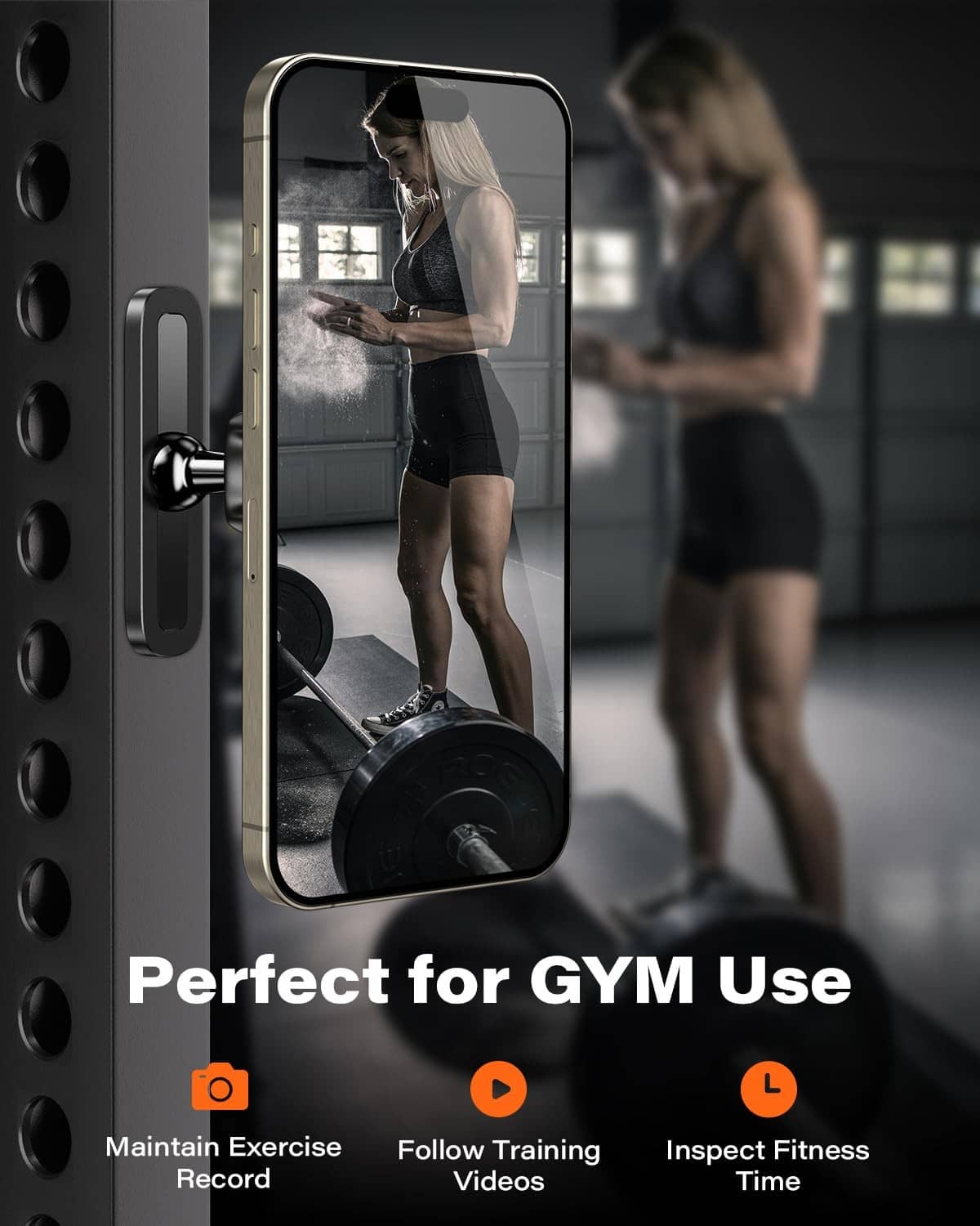 Black magnetic phone holder on gym equipment holding a phone vertically