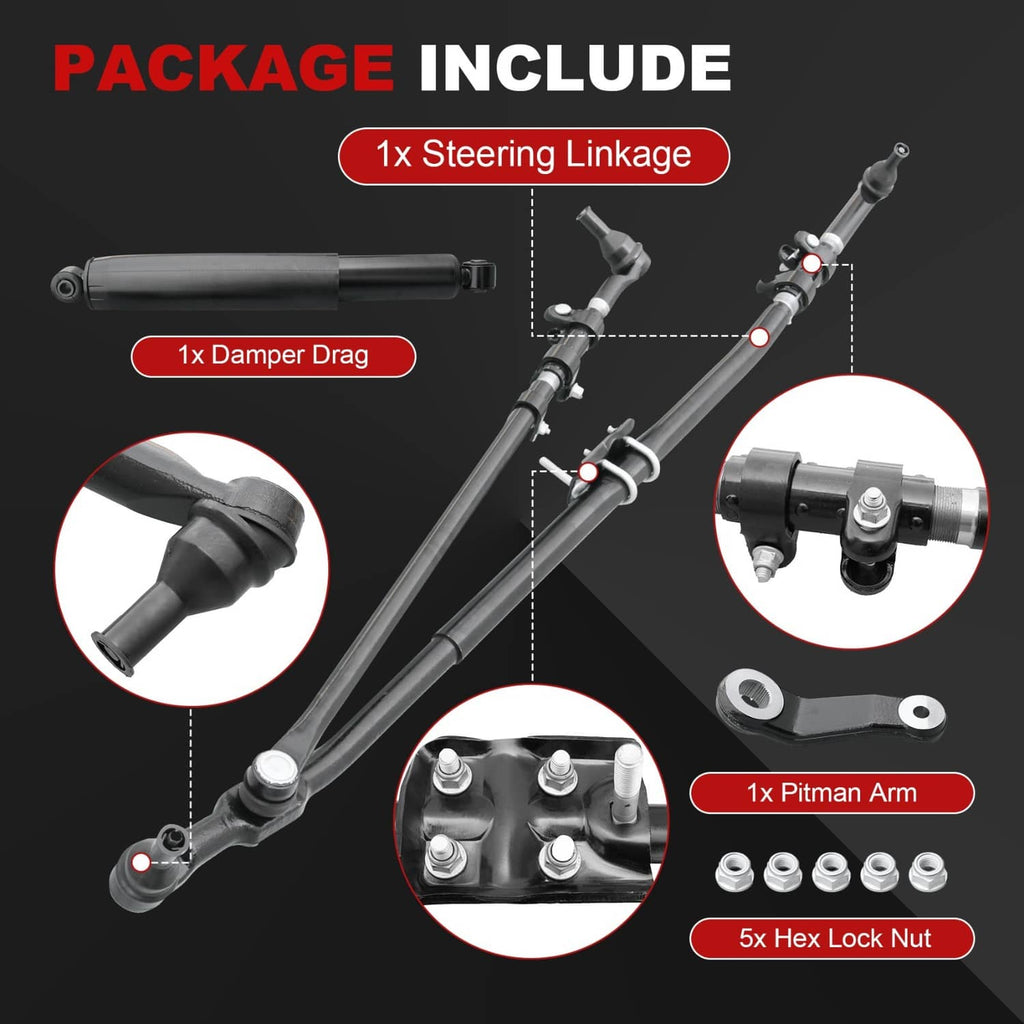Steering linkage kit components: bars, pitman arm, and hex lock nuts