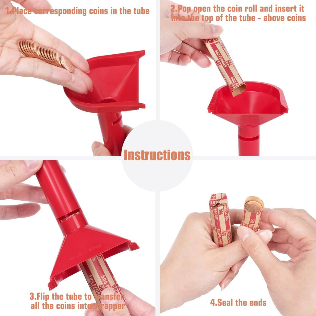 Red coin sorter tube with coin wrappers inserted and sealed ends shown