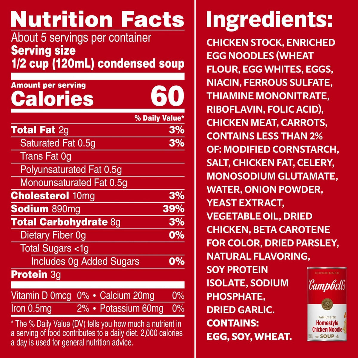 Nutrition Facts and Ingredients label panel for condensed soup, red text and table