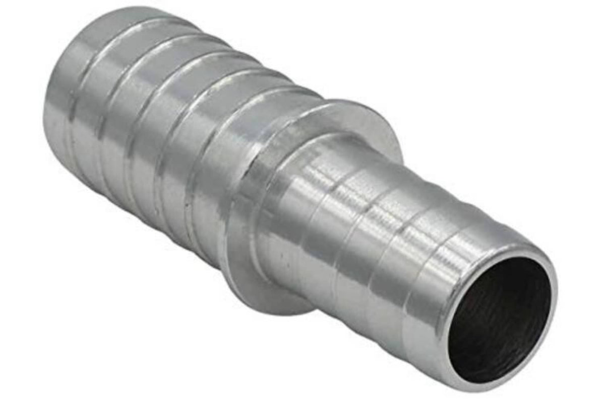 Metal hose barb reducer splice coupler, 5/8 to 1/2 inch, angled ribbed connector