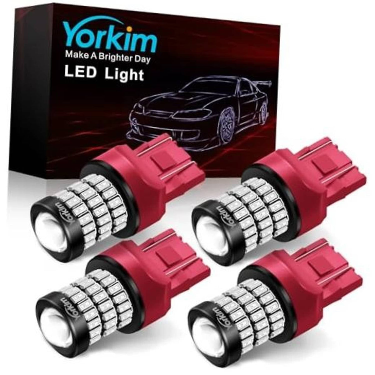 Set of four red LED light bulbs with black projector lens and white chip clusters