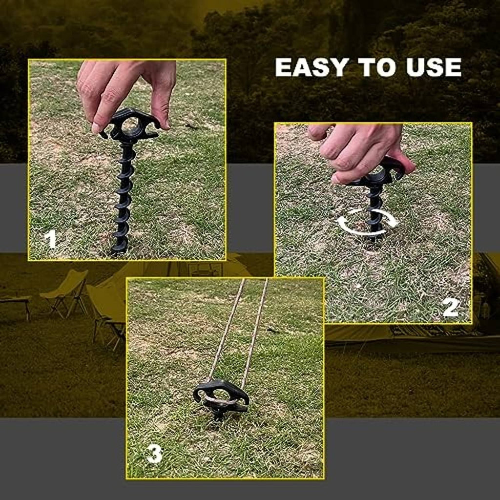 Hand screwing a black screw-in tent stake into grass using the hooked head