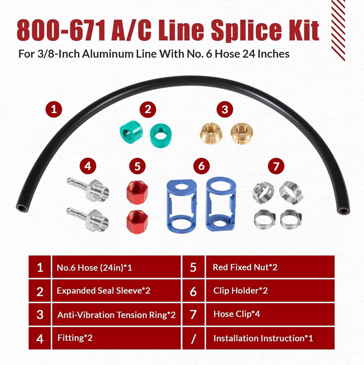 A/C line splice kit contents layout with numbered clips, seal sleeves, and hose