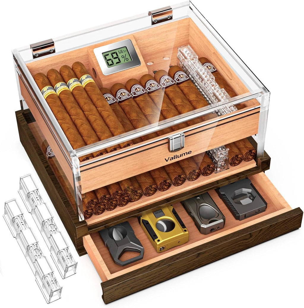 Front angled view of clear acrylic cigar humidor with wooden base, lock latch, hygrometer display