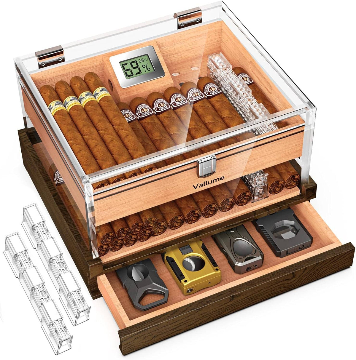 Front angled view of clear acrylic cigar humidor with wooden base, lock latch, hygrometer display