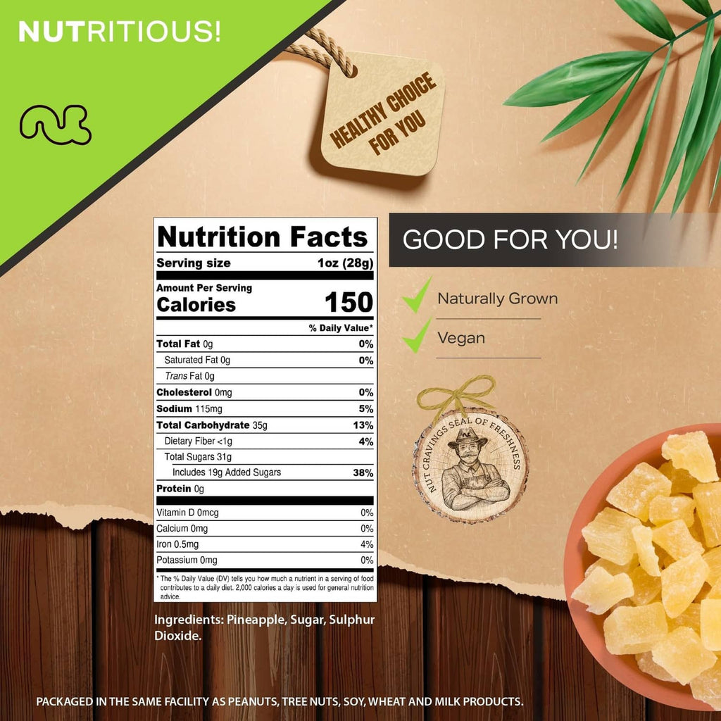 Dried pineapple chunks bag showing nutrition facts and ingredient list panel