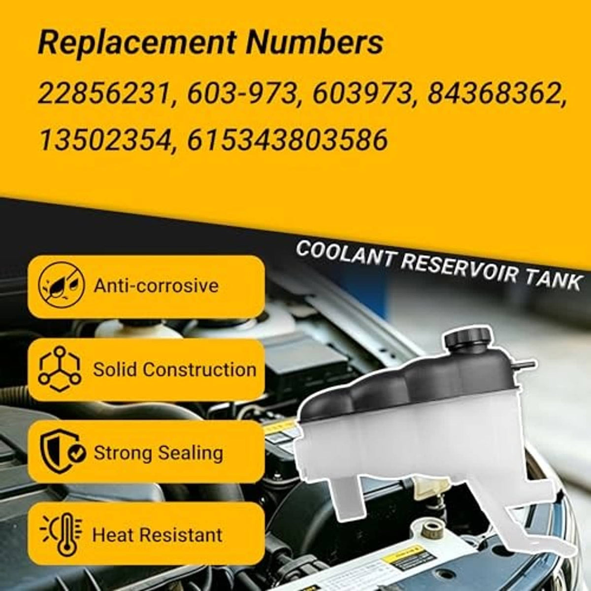 Coolant reservoir tank with black cap and outlet nipples, illustrated replacement part