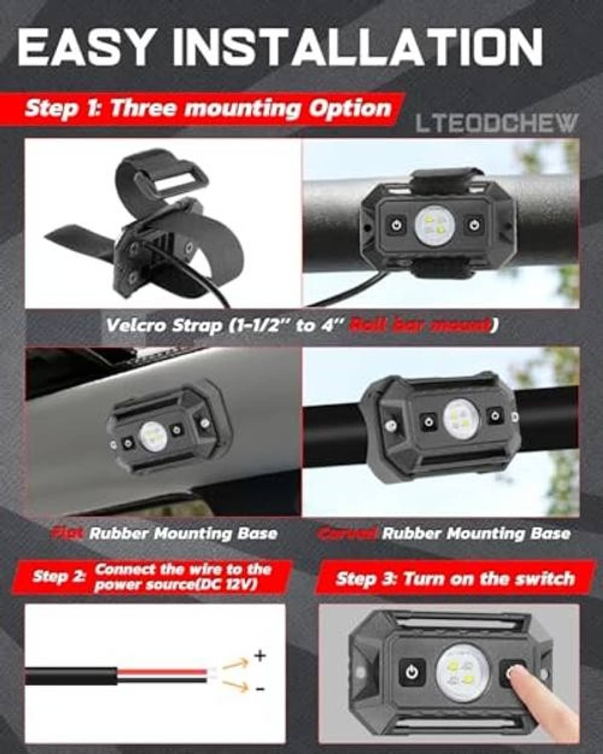 UTV dome light with rubber mounting base and wiring installation setup