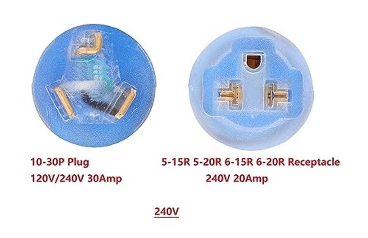 Adapter connector faces with labeled NEMA plug/receptacle types, 240V 30A
