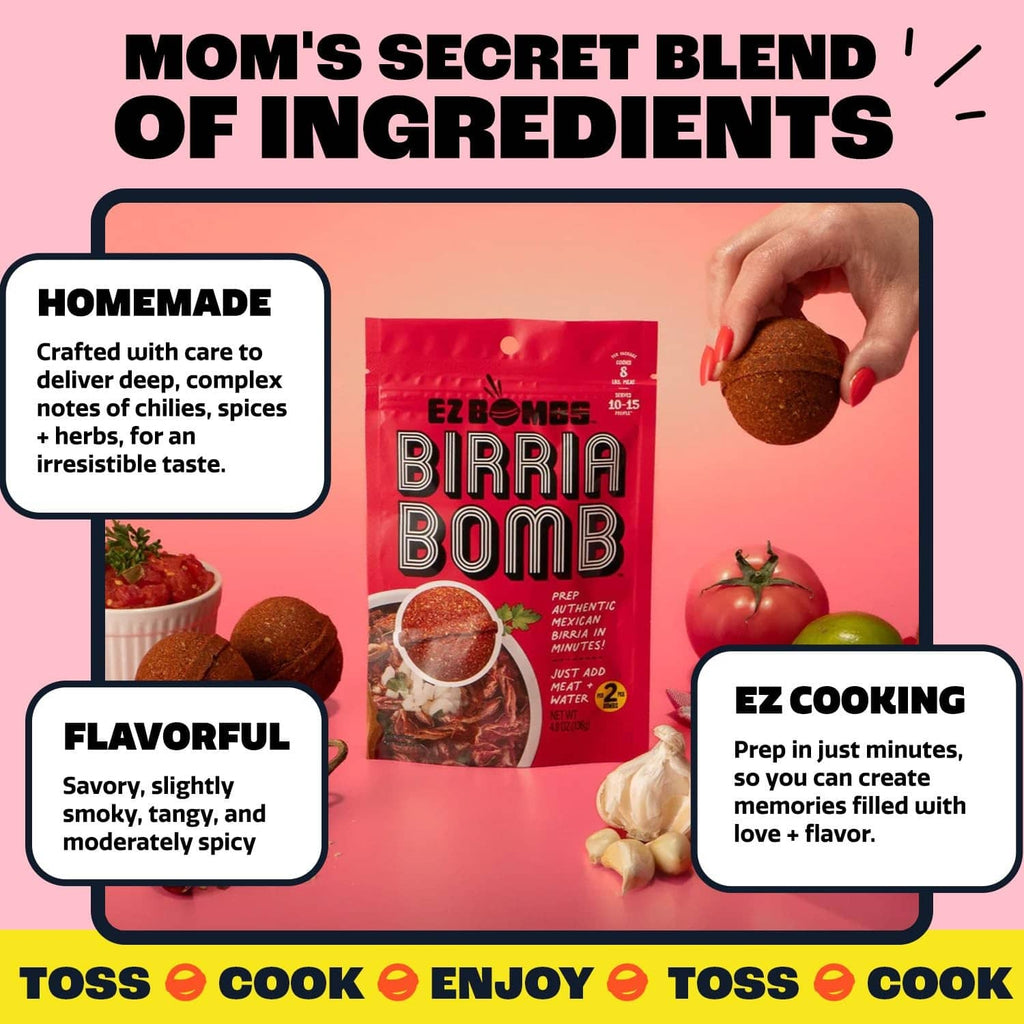 Birria Bomb seasoning pack with blend and flavor callouts, red bag with spice circle