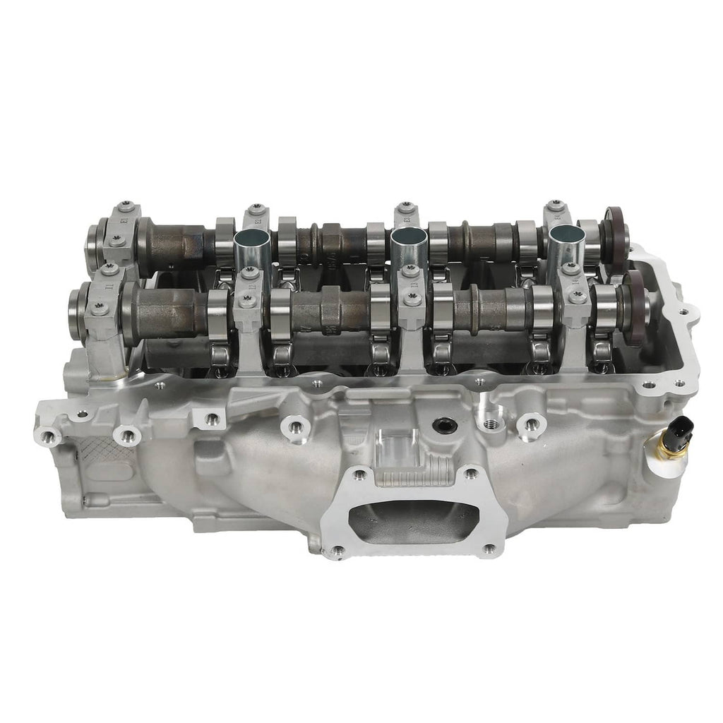 Cylinder head assembly with camshafts and rocker arms, front profile, silver housing