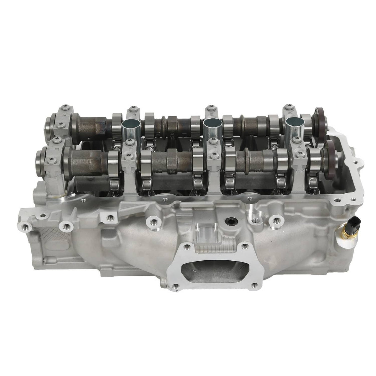 Cylinder head assembly with camshafts and rocker arms, front profile, silver housing