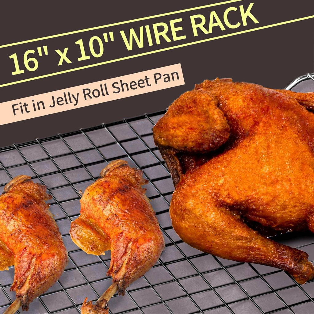 Black wire cooling rack holding baked chicken on a square grid surface.