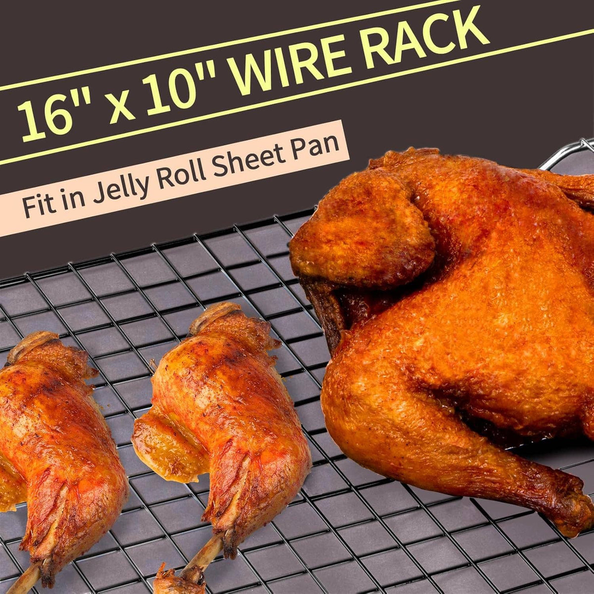 Black wire cooling rack holding baked chicken on a square grid surface.