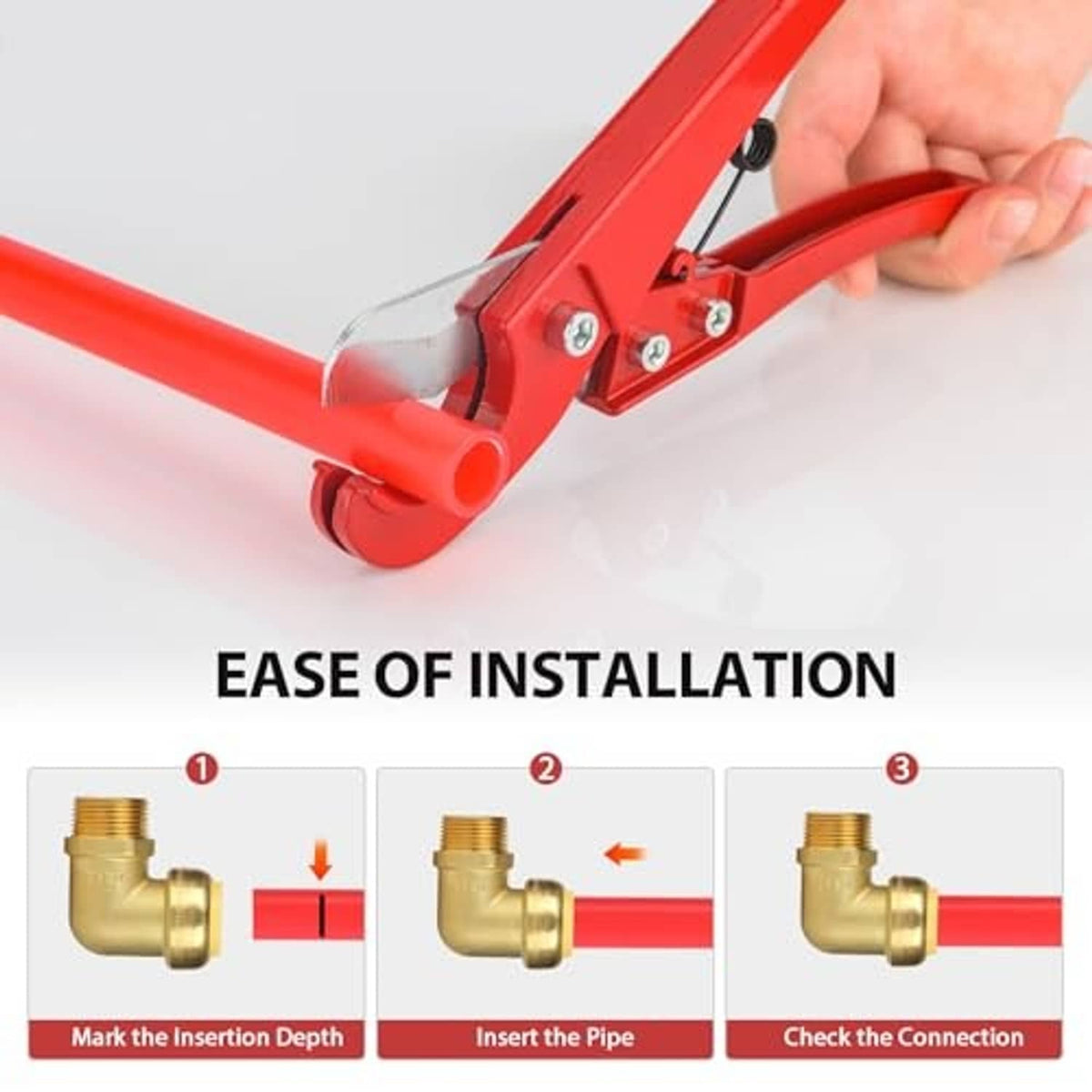 Brass push-fit elbow fitting shown with red pipe for push-to-connect installation