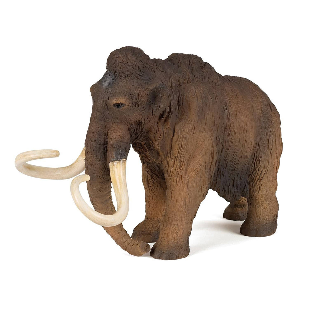 Woolly mammoth toy with ivory tusks, standing three-quarter view