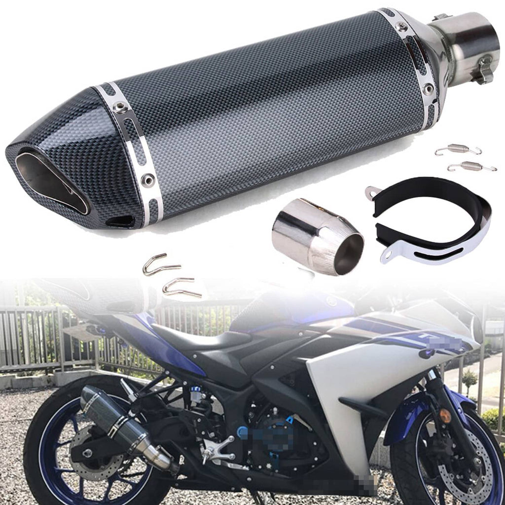 Motorcycle exhaust muffler with carbon fiber canister, chrome outlet, and mounting ring