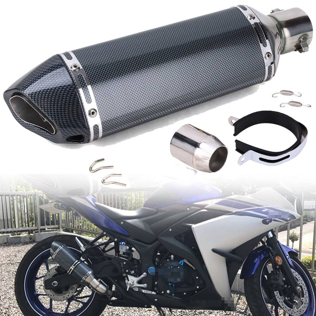 Motorcycle exhaust muffler with carbon fiber canister, chrome outlet, and mounting ring