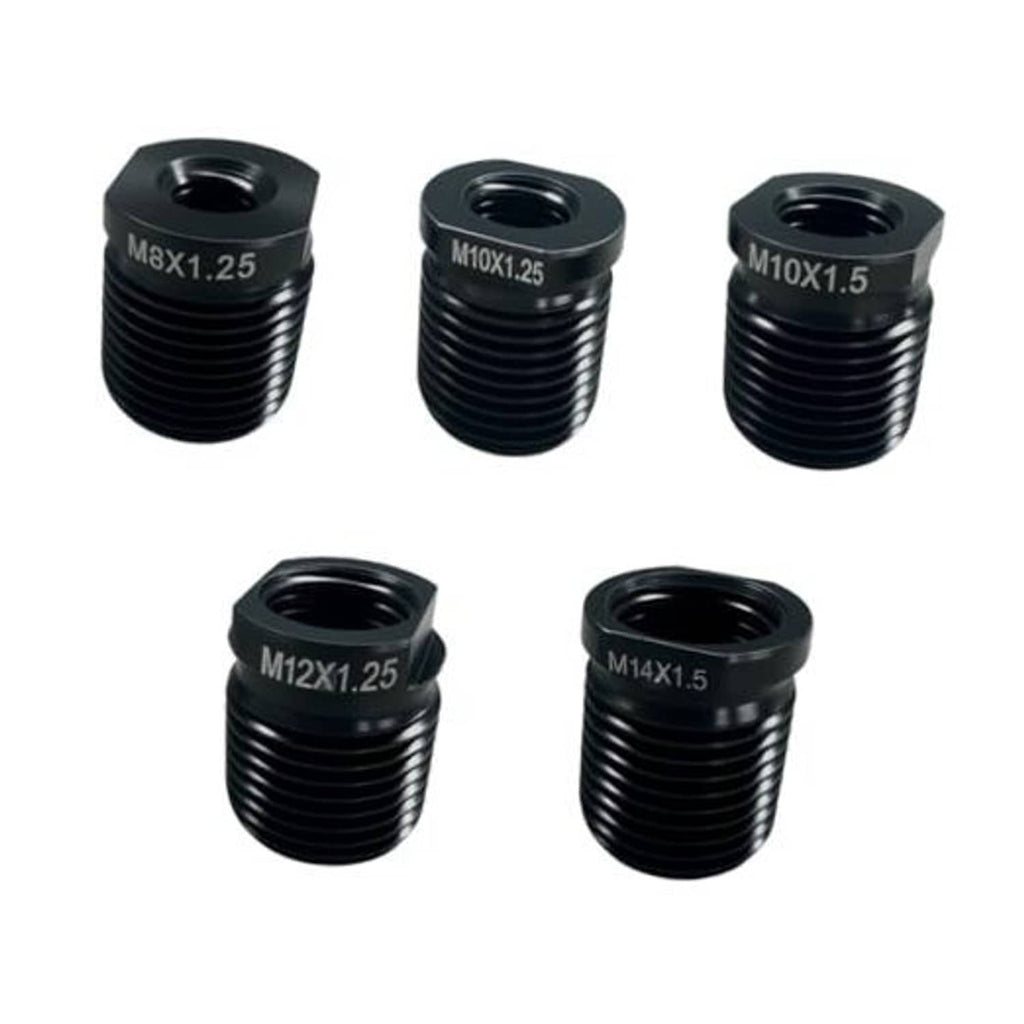 Black metal gear shift knob thread adapter kit with hex head ends and visible thread