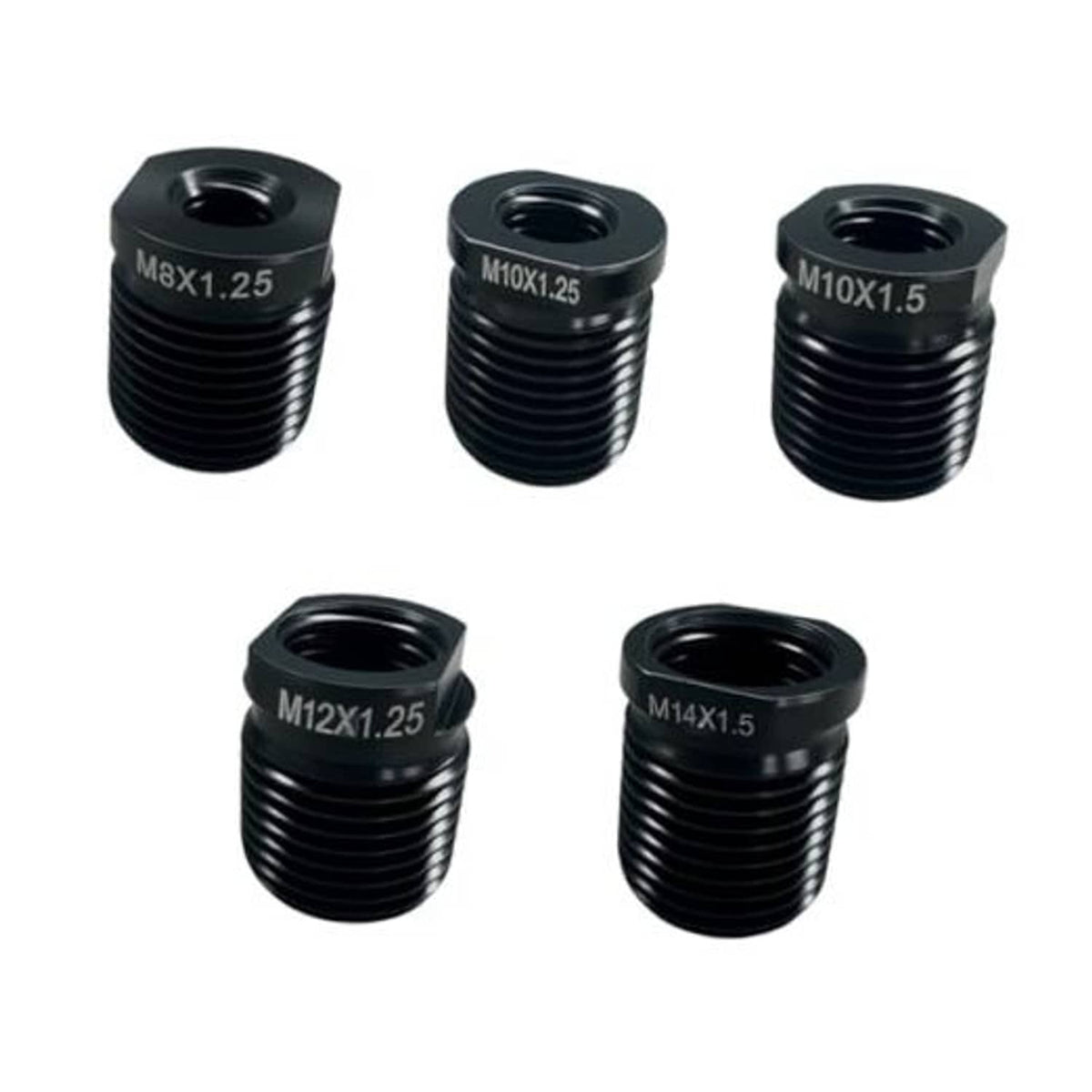 Black metal gear shift knob thread adapter kit with hex head ends and visible thread