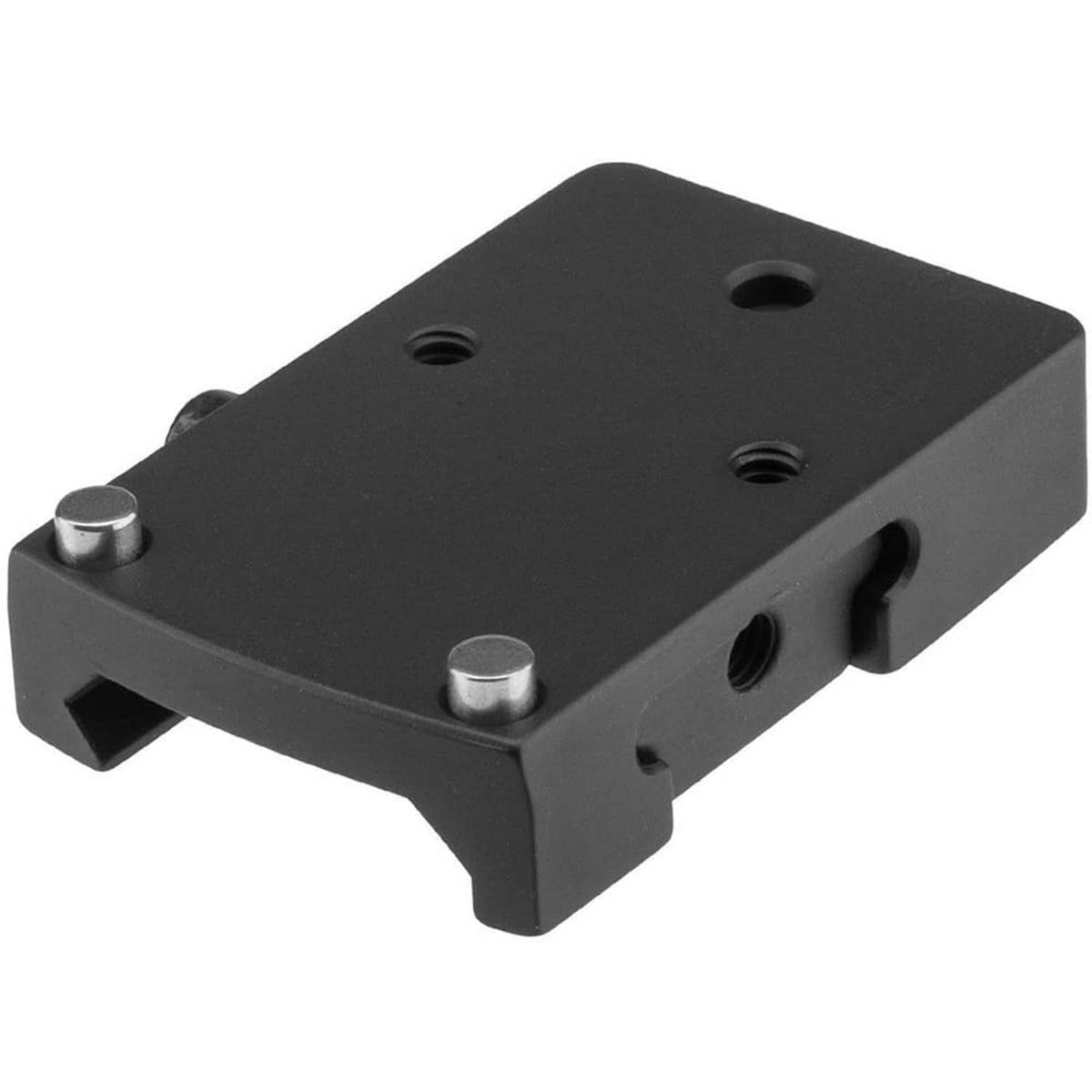 Black picatinny rail mount with two screws, side cutout, and threaded holes