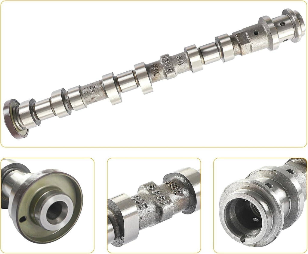 Left exhaust camshaft with end flange and detailed shaft segments, silver metal