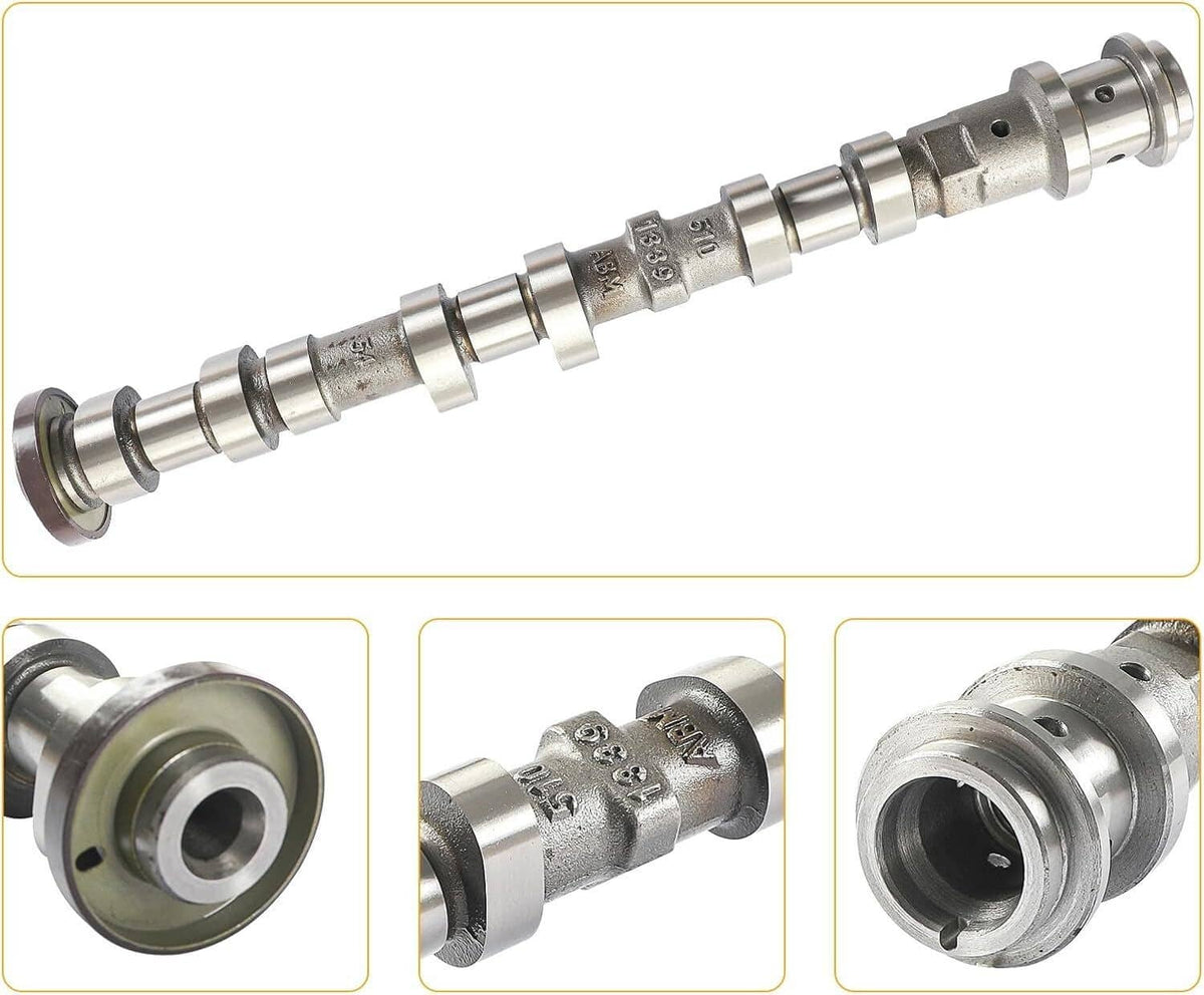 Left exhaust camshaft with end flange and detailed shaft segments, silver metal