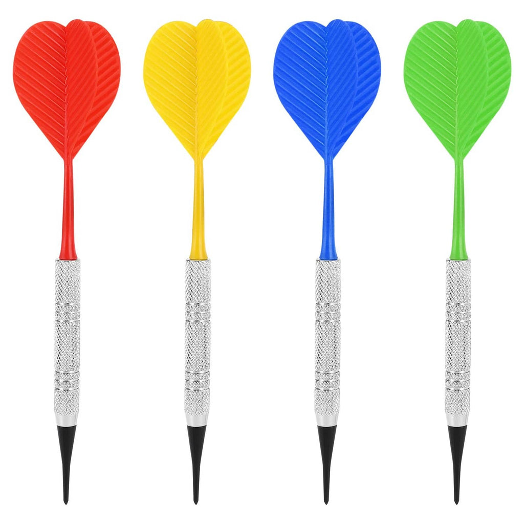 Set of four soft tip darts with red, yellow, blue, and green flights and textured silver barrels