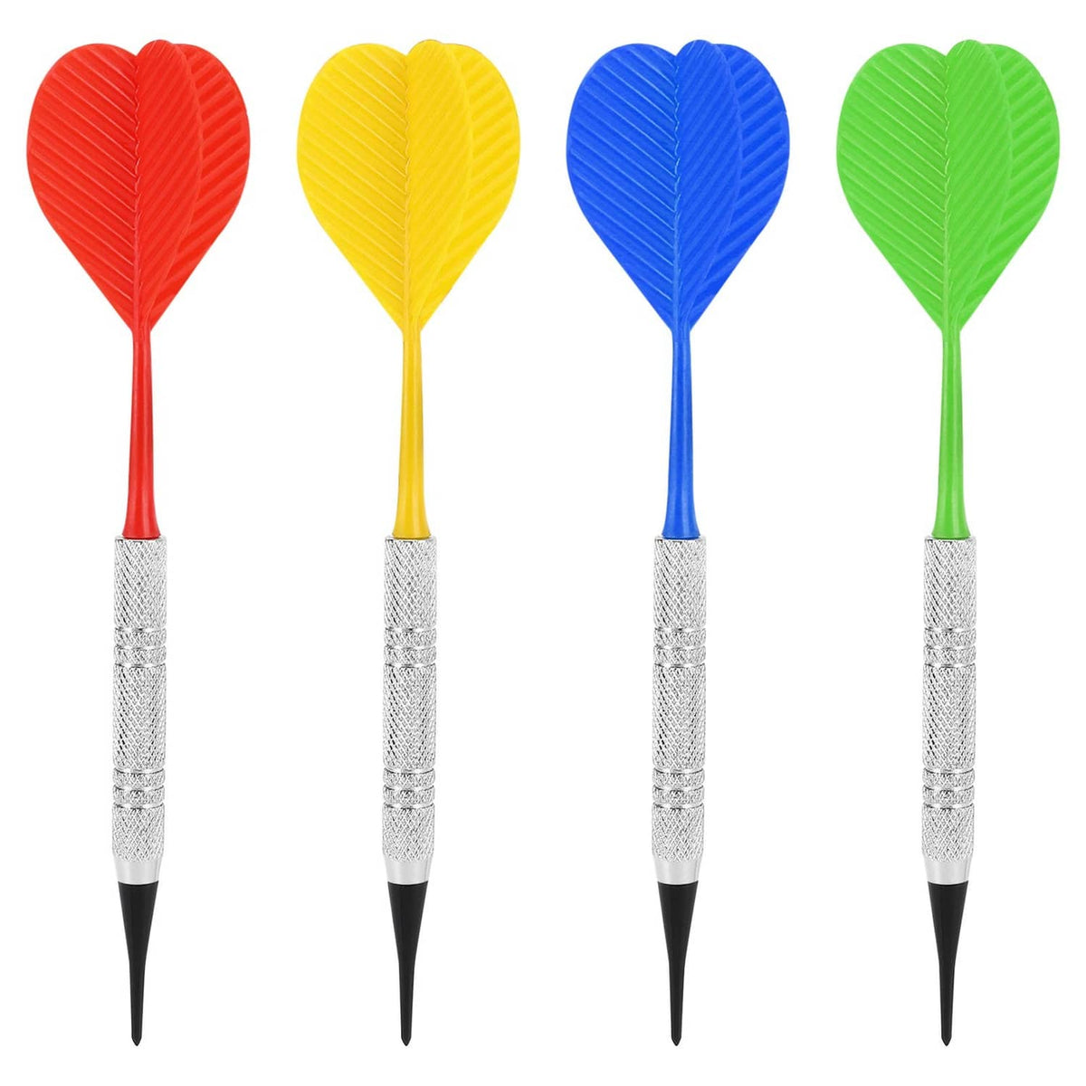 Set of four soft tip darts with red, yellow, blue, and green flights and textured silver barrels