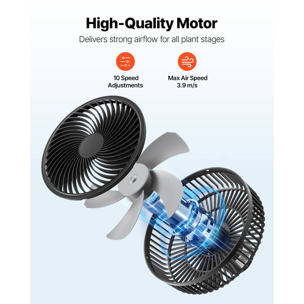 Black clip-on fan showing twin fan blades and rotating airflow pattern
