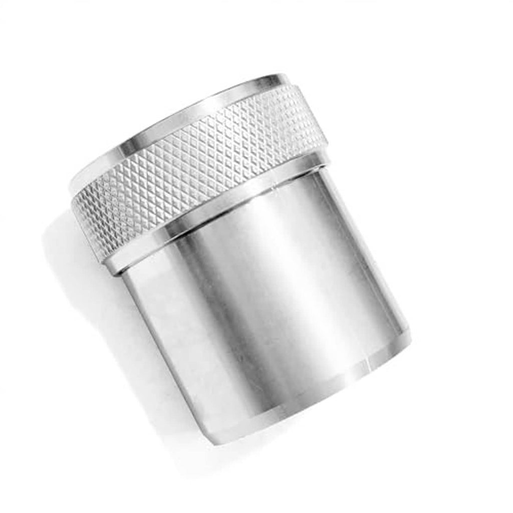 Aluminum fuel tank filler neck bung with vented cap, knurled grip collar