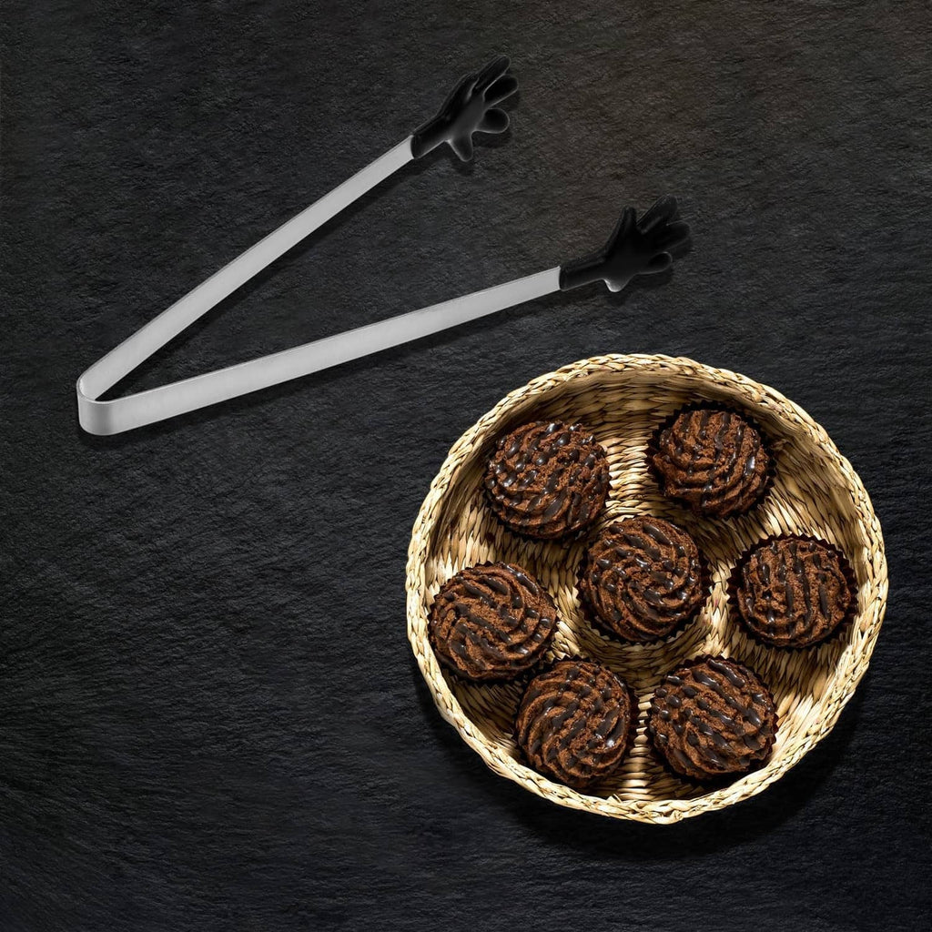 Mini stainless steel food tong with black silicone hand-shaped tips