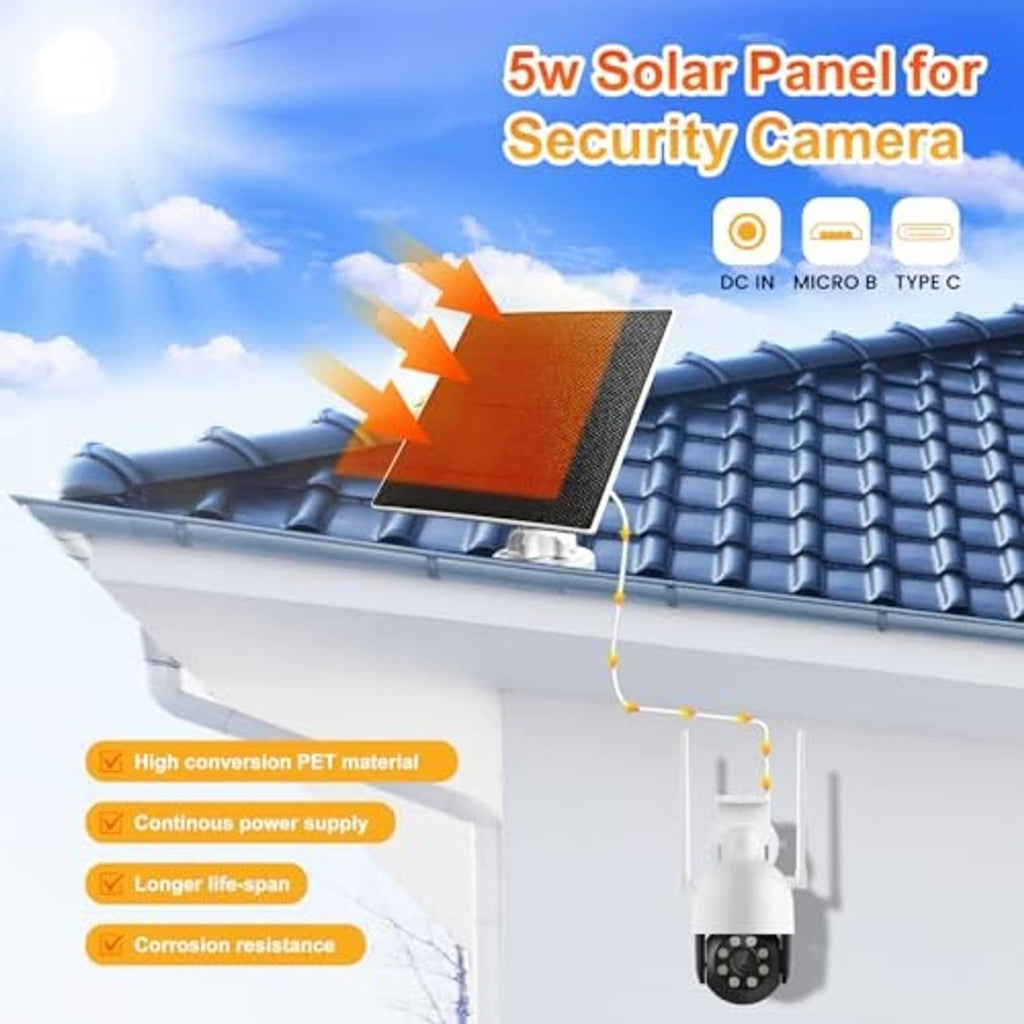 Solar panel charger with black panel and cable system mounted for security camera power