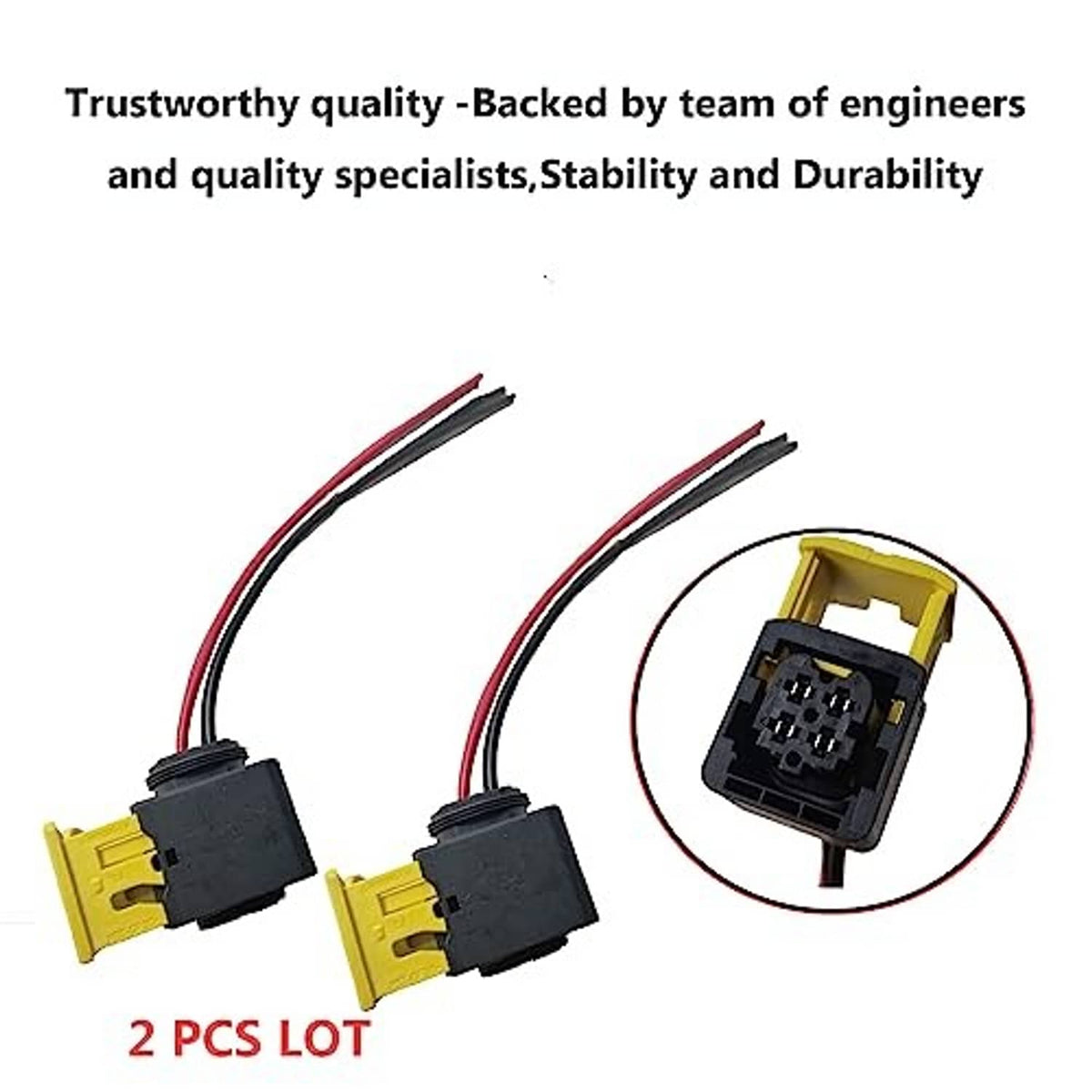 Two yellow 4-pin connector harnesses with circular close-up of plug ends