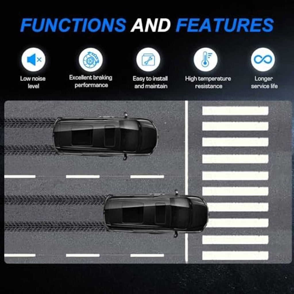 Ceramic brake pad feature graphic showing pad shapes and layered specifications