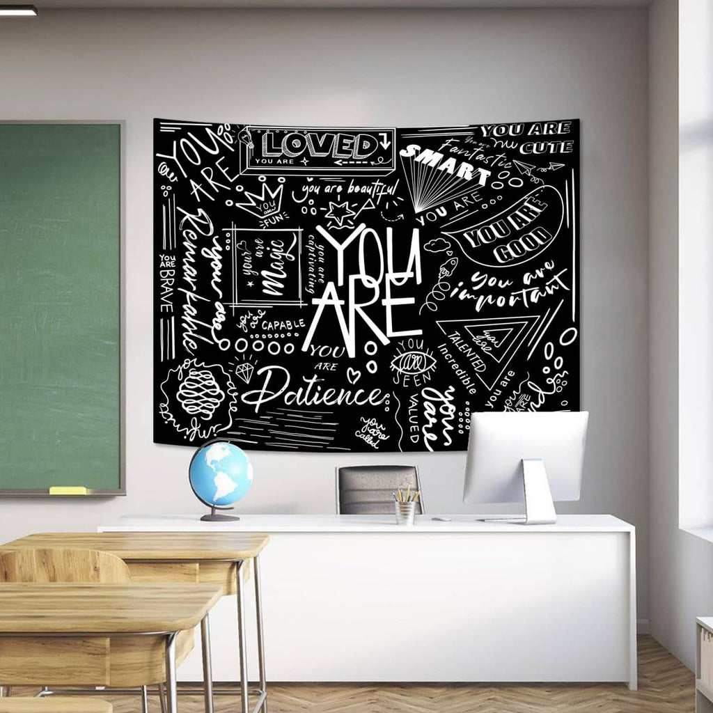 Black kids classroom tapestry with white quote doodles, hearts, and 'You Are Art' text