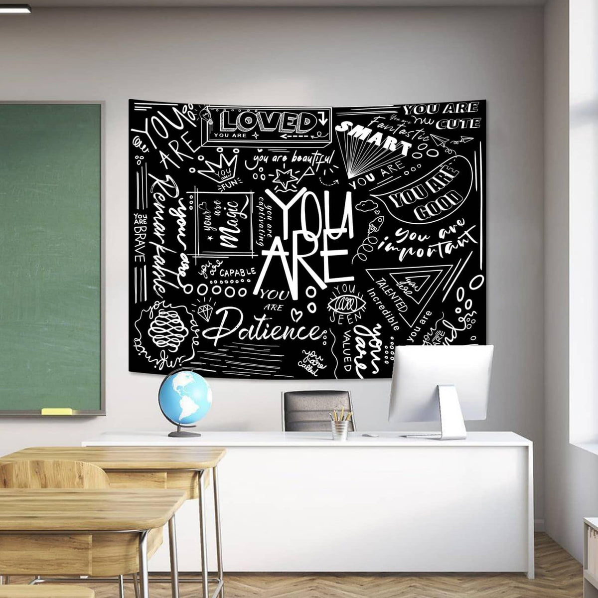 Black kids classroom tapestry with white quote doodles, hearts, and 'You Are Art' text