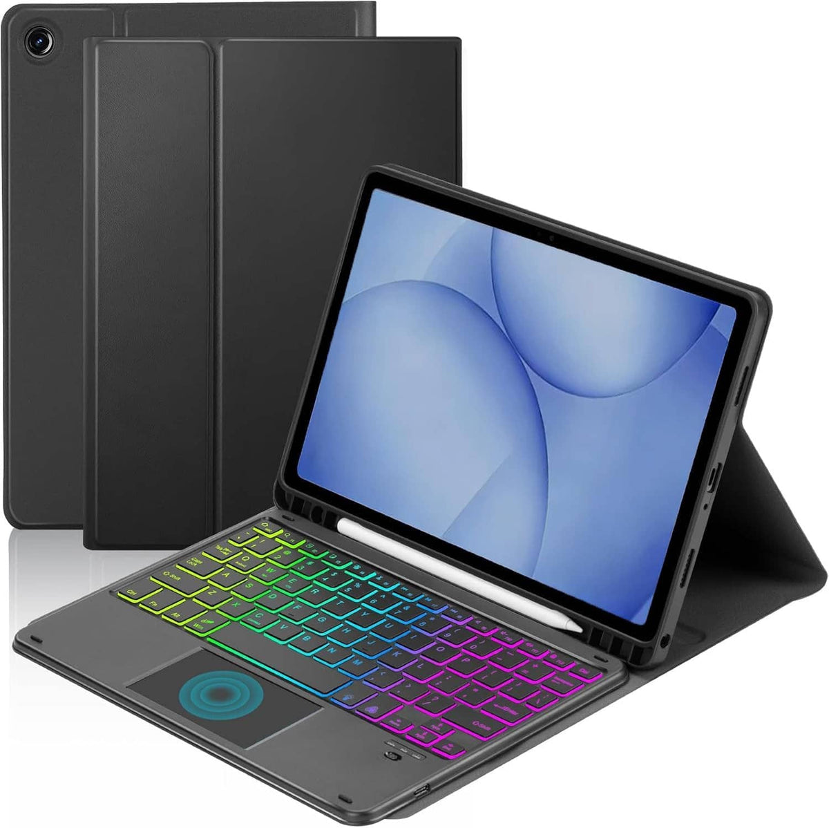 Black touchpad keyboard case with rainbow backlit keyboard and protective rear cover
