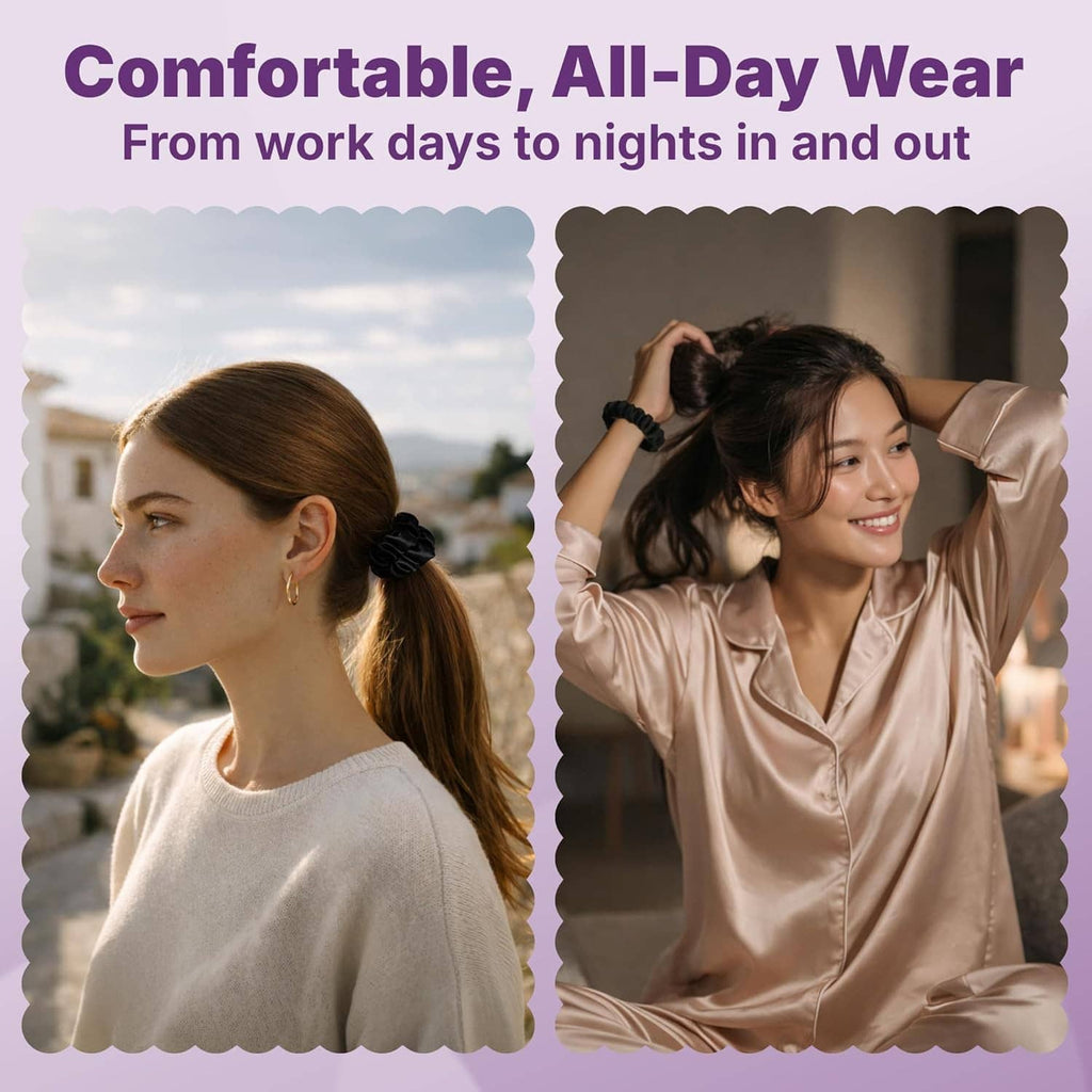 Two women wearing black satin scrunchies in low ponytail and updo