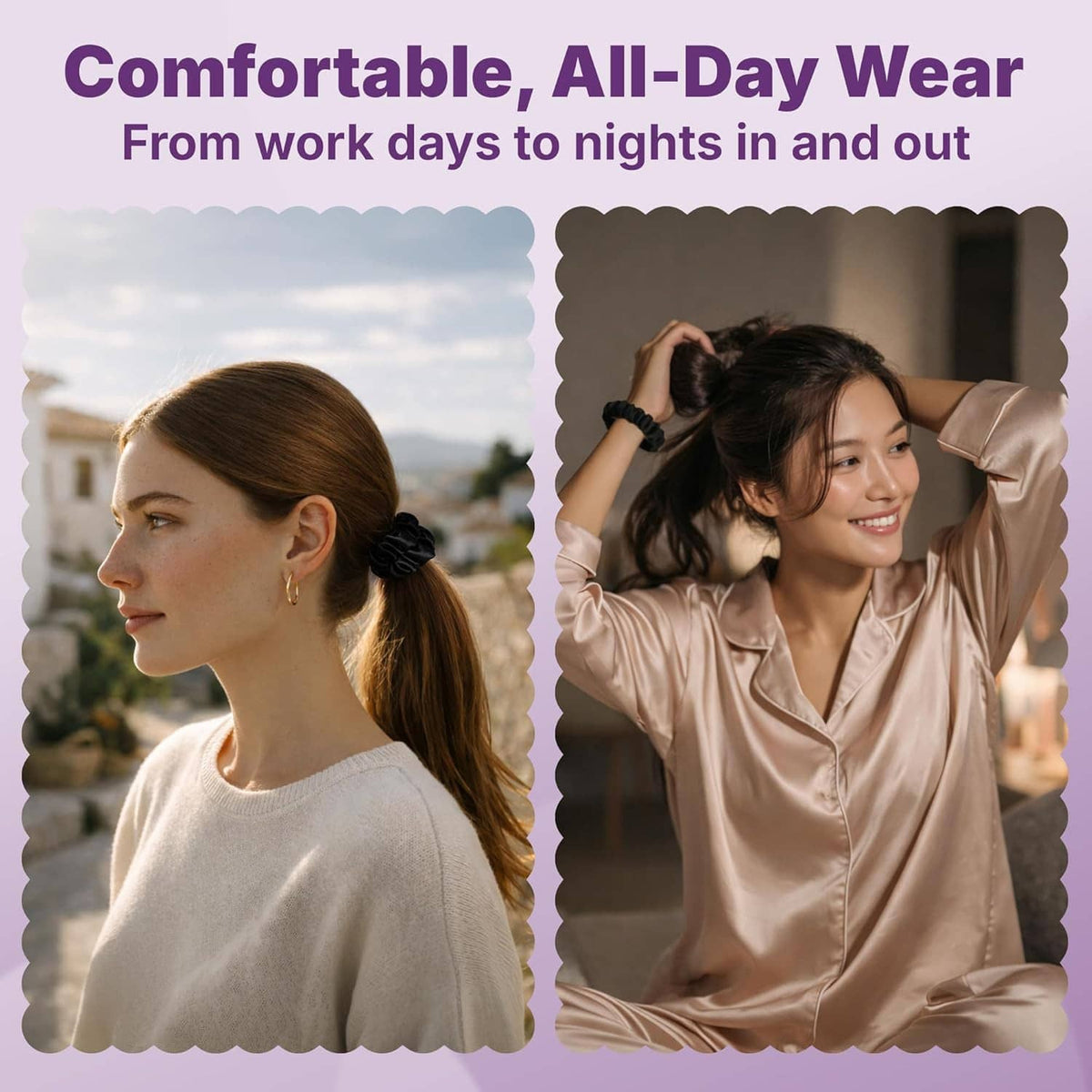 Two women wearing black satin scrunchies in low ponytail and updo