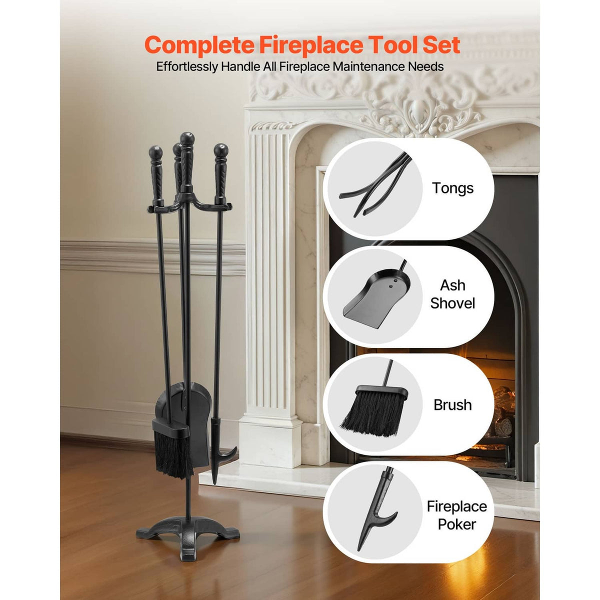 Black 4-piece fireplace tool set with stand and tools: poker, tongs, ash shovel, brush.