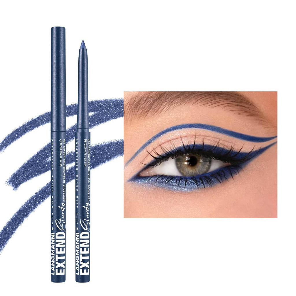 Waterproof blue eyeliner pencils with pointed tip and bold blue winged eye line