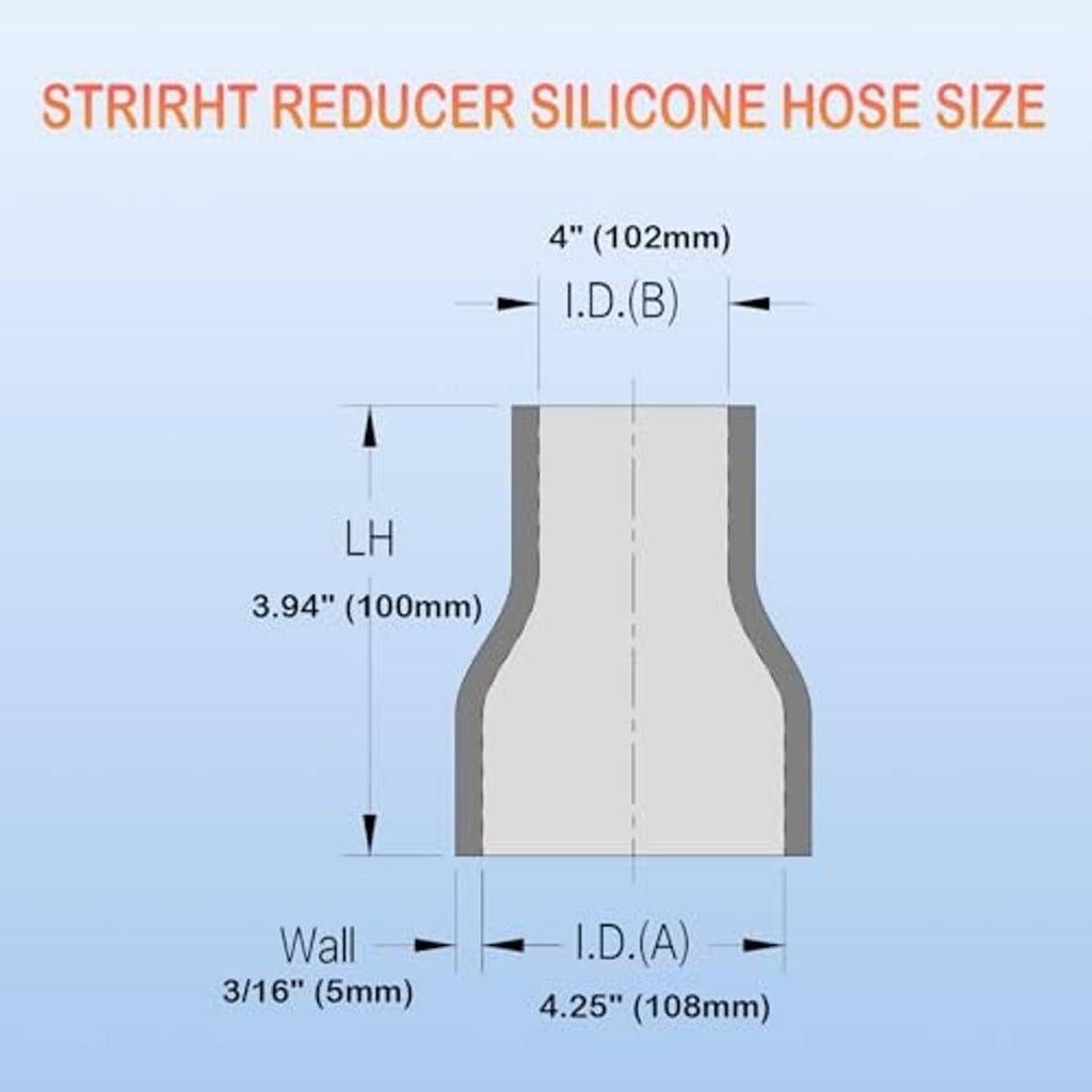 Silicone hose reducer size diagram showing 4 in to 4.25 in ID