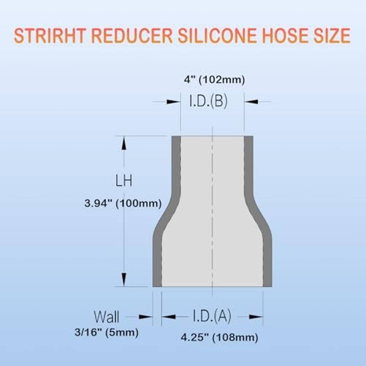 Silicone hose reducer size diagram showing 4 in to 4.25 in ID