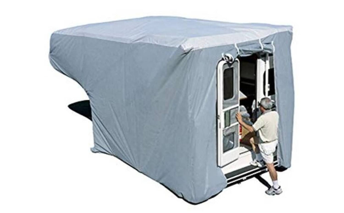 Aqua shed truck camper cover, side view with raised roof and door opening