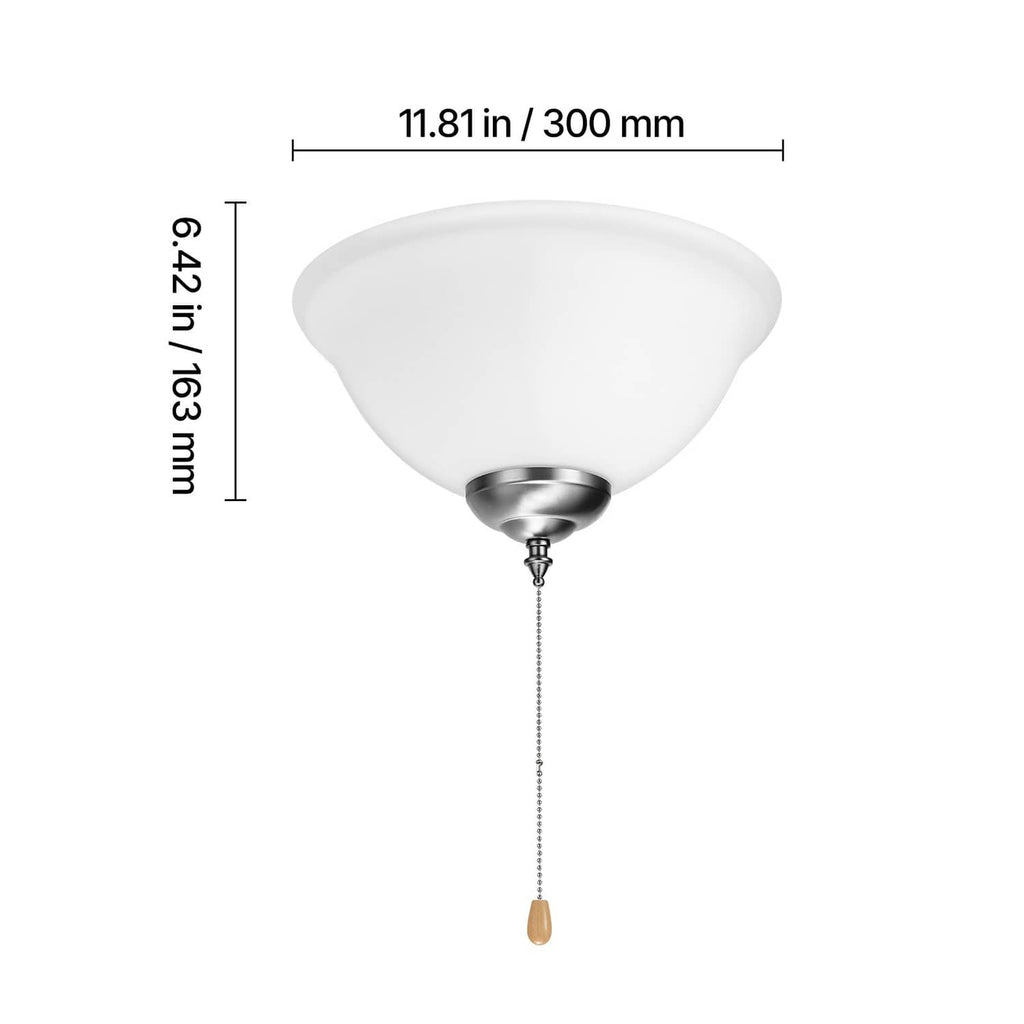 Ceiling fan light kit with white bowl shade and pull chain, 300 mm width
