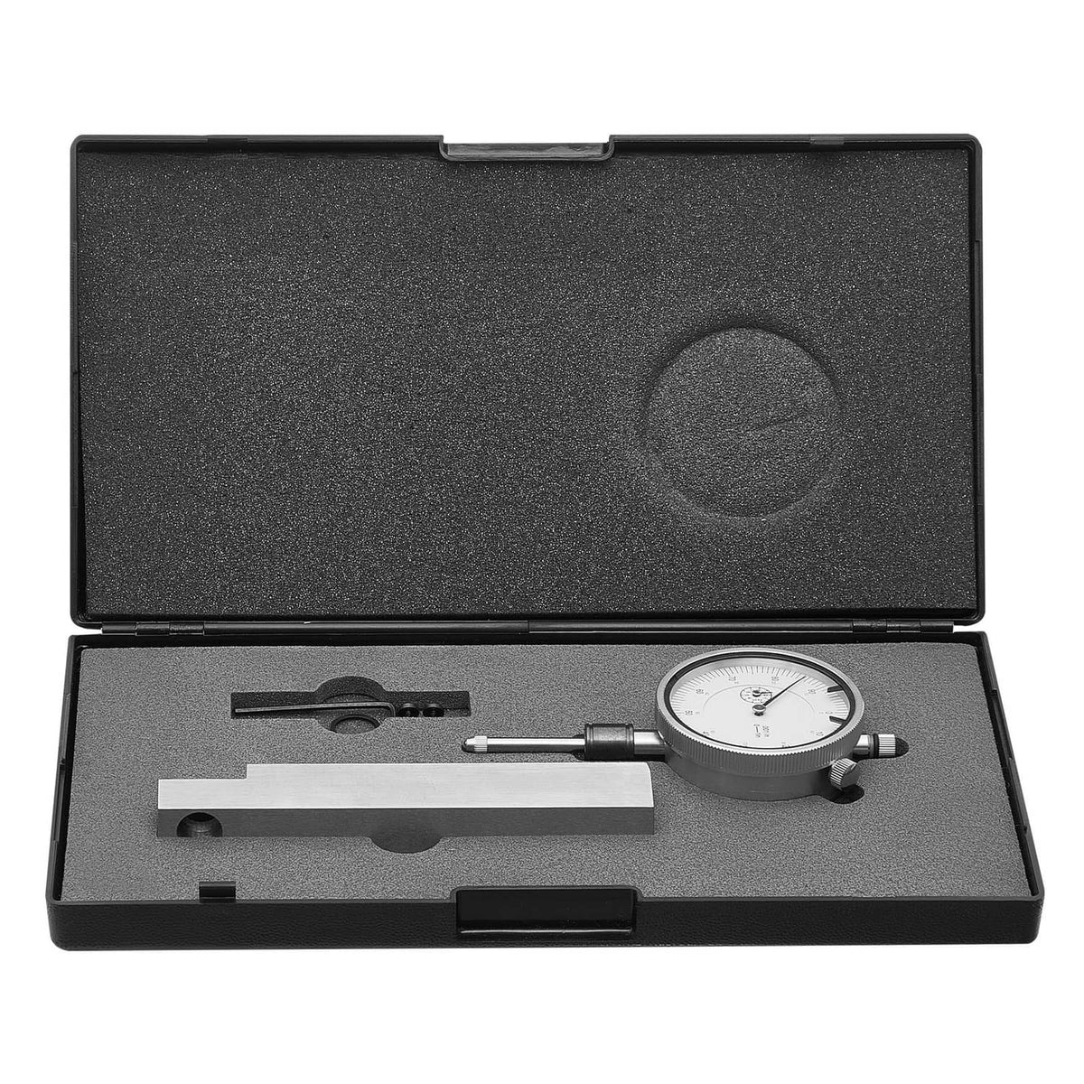 Dial test indicator set in metal case with metal base and dial gauge