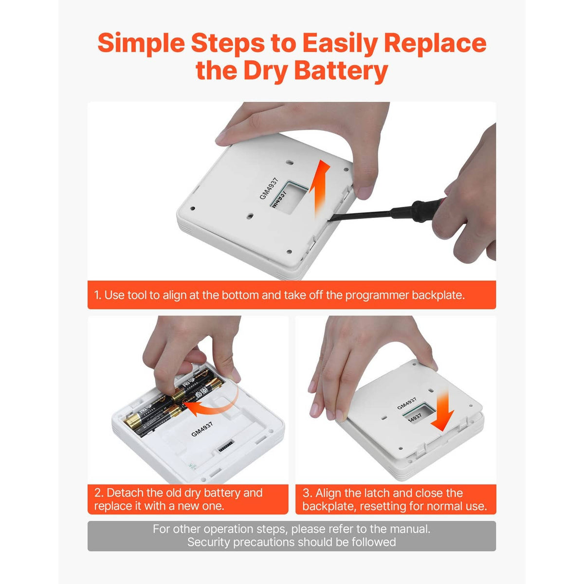 Programmable thermostat back panel with dry battery replacement steps